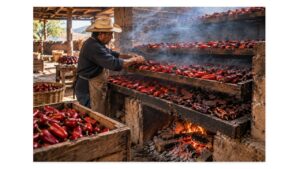 Traditional Mexican chipotle smoking process with ripe red jalapeños drying over wood smoke
