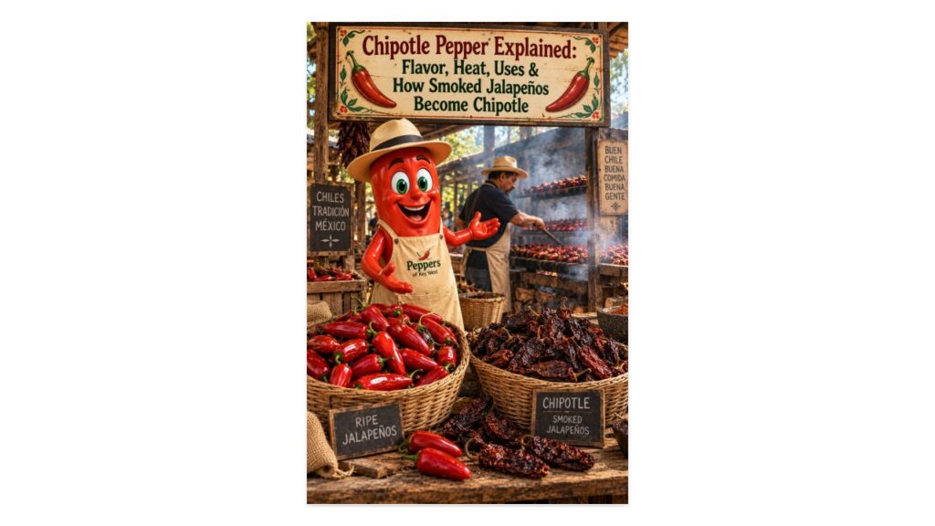 Professor Pepper with ripe red jalapeños and smoked chipotle peppers at a traditional Mexican chile-smoking market