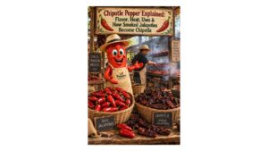 Professor Pepper with ripe red jalapeños and smoked chipotle peppers at a traditional Mexican chile-smoking market