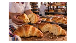 Mexican baker pulling apart a freshly baked cuernito to reveal its soft, buttery interior inside a traditional neighborhood panadería.