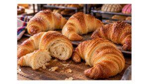 Assortment of Mexican cuernitos showing different shapes, crusts and soft buttery textures inside a traditional neighborhood panadería.