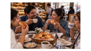 Mexican family and friends enjoying cuernitos with coffee and a ham-and-cheese-filled cuernito during breakfast at a neighborhood panadería.