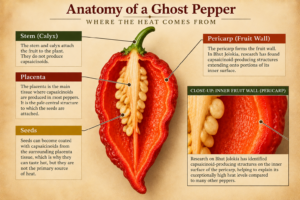 Ghost Pepper anatomy diagram showing the placenta, seeds, pericarp, stem and capsaicinoid-producing structures on the inner fruit wall.