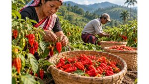 Farmers harvesting ripe red Ghost Peppers, or Bhut Jolokia, in a pepper field in Northeast India.
