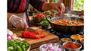 Cook carefully adds a small amount of minced Ghost Pepper to a simmering curry while preparing Bhut Jolokia in the kitchen.
