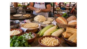 Mexican cook shaping fresh masa beside a hot comal surrounded by corn tortillas, bolillos, fresh corn, tamales, beans, chiles, and traditional street-food ingredients.