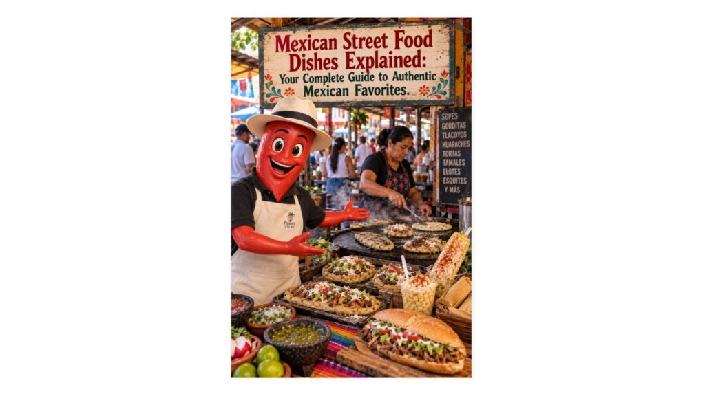 Professor Pepper introduces authentic Mexican street food dishes including sopes, huaraches, tlacoyos, elote, esquites, tamales, and tortas at a Mexican market.