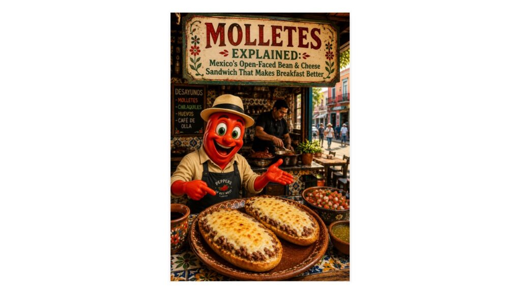 Molletes Explained hero featuring classic Mexican molletes with refried beans and melted cheese, Professor Pepper, pico de gallo, and a Mexico City breakfast café.