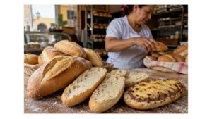 Fresh Mexican bolillos in a neighborhood panadería with split rolls showing their airy crumb and a finished mollete topped with refried beans and melted cheese.