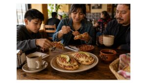 Mexican family sharing classic molletes with refried beans, melted cheese, pico de gallo and avocado over coffee in a neighborhood breakfast café.
