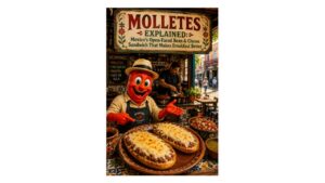 Molletes Explained hero featuring classic Mexican molletes with refried beans and melted cheese, Professor Pepper, pico de gallo, and a Mexico City breakfast café.
