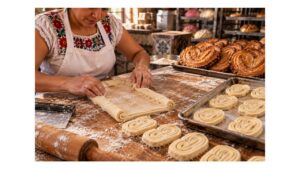 Young Mexican baker shaping orejas from sugar-dusted layered pastry dough inside a traditional neighborhood panadería.
