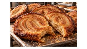 Close-up of Mexican orejas showing crisp flaky pastry layers, caramelized sugar, golden edges and scattered crumbs on a bakery tray.
