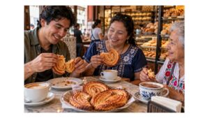 Traveling friends sharing crispy Mexican orejas with café con leche and hot chocolate inside a traditional neighborhood panadería.