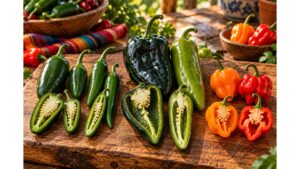 Fresh Jalapeño, Serrano, Poblano, Anaheim, Habanero and Scotch Bonnet peppers compared whole and cut open on a wooden worktable