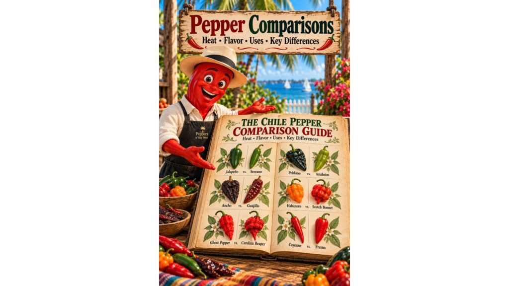 Professor Pepper presents The Chile Pepper Comparison Guide with side-by-side examples of popular fresh, dried and superhot chile peppers.