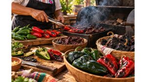 Cook smoking ripe red Jalapeños into Chipotles alongside fresh Jalapeños, Poblanos and dried Ancho peppers