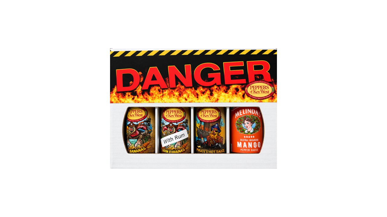 Peppers of Key West four bottle hot sauce gift box with Goin’ Bananas, Goin’ Bananas with Rum, Rum Raisin and Melinda’s Mango