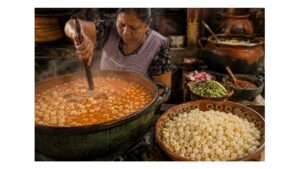 Traditional Mexican cook preparing pozole with large cacahuazintle hominy kernels in a steaming pot alongside a bowl of prepared pozolero corn.