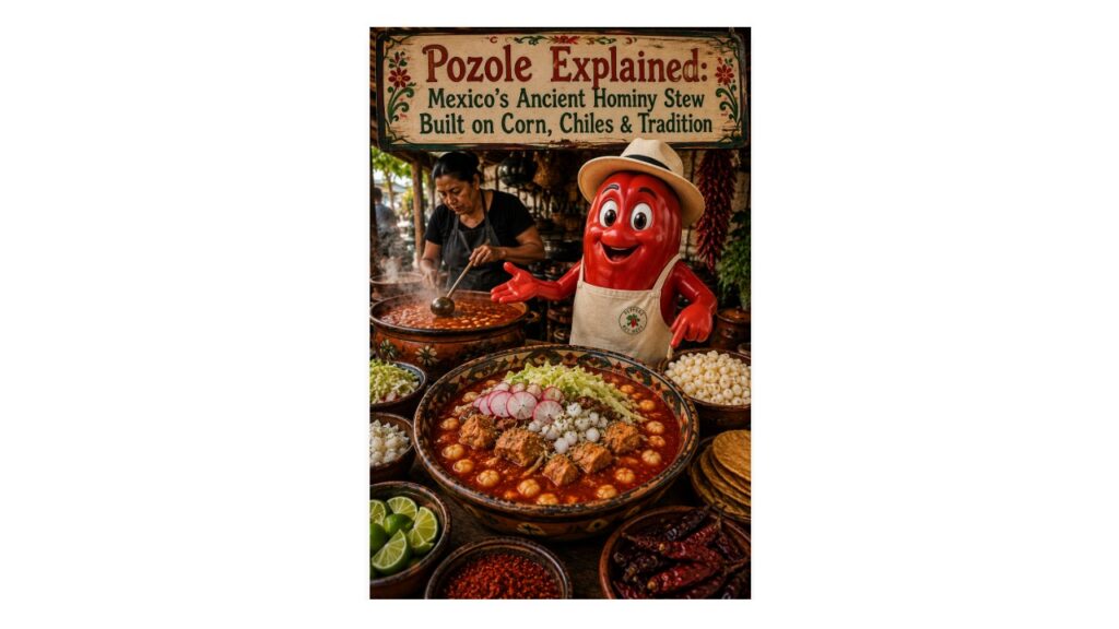 Pozole rojo with cacahuazintle hominy, pork, radishes, cabbage and traditional garnishes served with Professor Pepper in a Mexican pozolería.