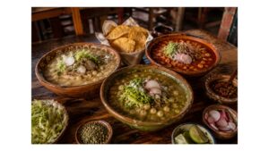 Three bowls of traditional Mexican pozole blanco, rojo and verde with hominy, radishes, cabbage, onion, oregano, lime and tostadas.