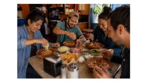 Traveling friends eating traditional Mexican pozole together in a neighborhood pozolería with radishes, cabbage, onion, lime, chile and tostadas.