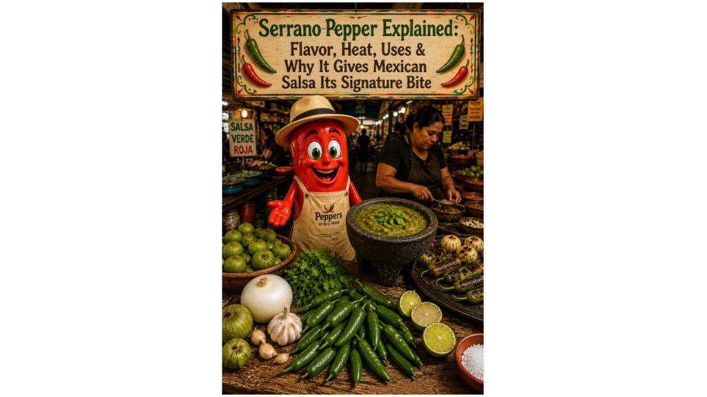 Serrano peppers with salsa verde and Professor Pepper at a Mexican market for the Serrano Pepper Explained guide.