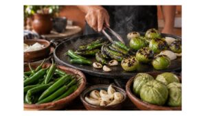 Fresh serrano peppers beside blistered serranos and tomatillos roasting with onion and garlic on a traditional Mexican comal.