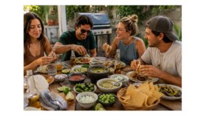 friends enjoying tacos, grilled food and homemade salsa with fresh serrano peppers during a casual backyard meal.