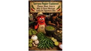 Serrano peppers with salsa verde and Professor Pepper at a Mexican market for the Serrano Pepper Explained guide.