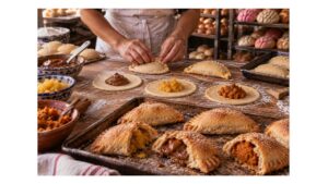 Sweet Mexican empanadas being handmade with pumpkin, pineapple and cajeta fillings on a bakery worktable inside a traditional Mexican panadería.