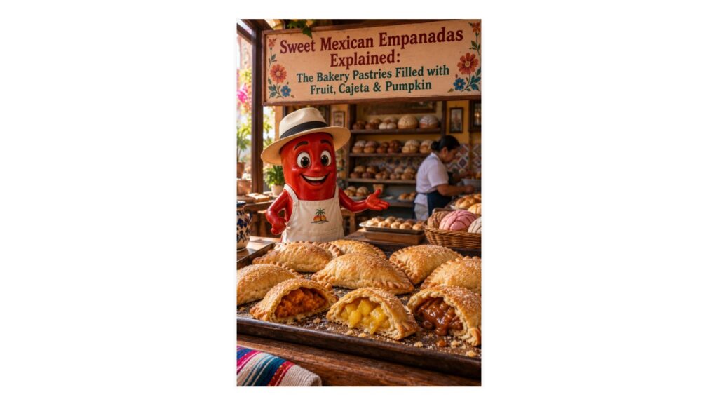 Sweet Mexican empanadas filled with pumpkin, pineapple and cajeta in a traditional Mexican panadería with Professor Pepper.