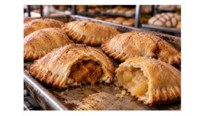 Freshly baked sweet Mexican empanadas with pumpkin and pineapple fillings on a bakery tray inside a traditional Mexican panadería.