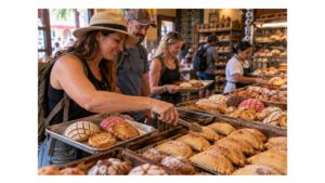 Travelers choosing sweet Mexican empanadas and pan dulce with bakery trays and tongs inside a traditional Mexican panadería.
