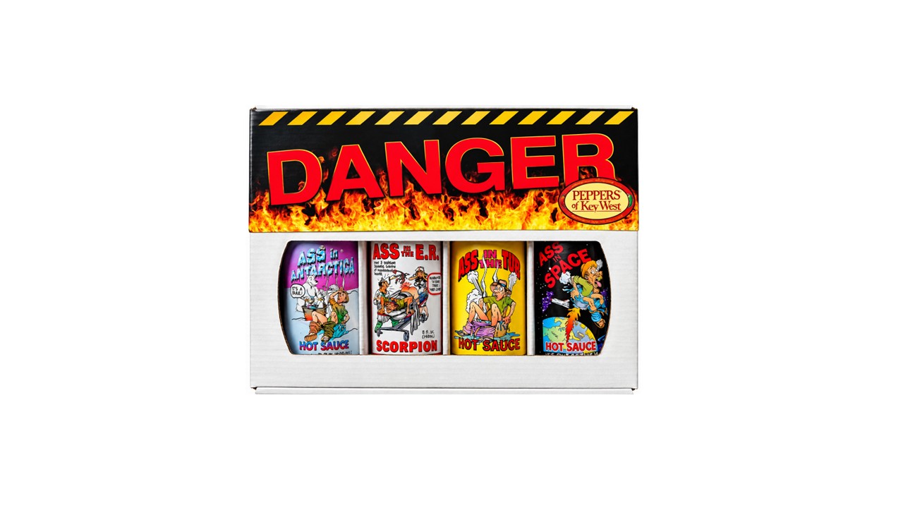 Peppers of Key West Ass Hot Sauce Gift Box with Ass in Antarctica, Ass in the ER, Ass in the Tub and Ass in Space