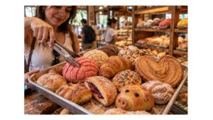 Young woman selecting colorful Mexican pan dulce with bakery tongs from a tray inside a traditional neighborhood panadería.