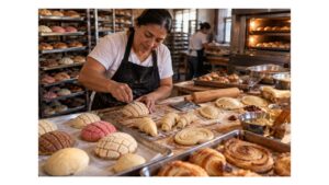Mexican baker shaping conchas, cuernitos and empanadas by hand at a flour-dusted worktable inside a traditional panadería.