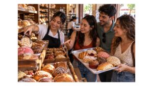 Young bakery worker helping friends choose traditional Mexican pan dulce from wooden bakery racks using trays and tongs.