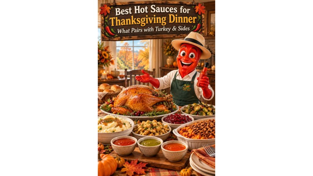 Professor Pepper presents a Thanksgiving feast with roasted turkey, mashed potatoes, stuffing, vegetables, cranberry sauce, and three hot sauces for holiday food pairings.