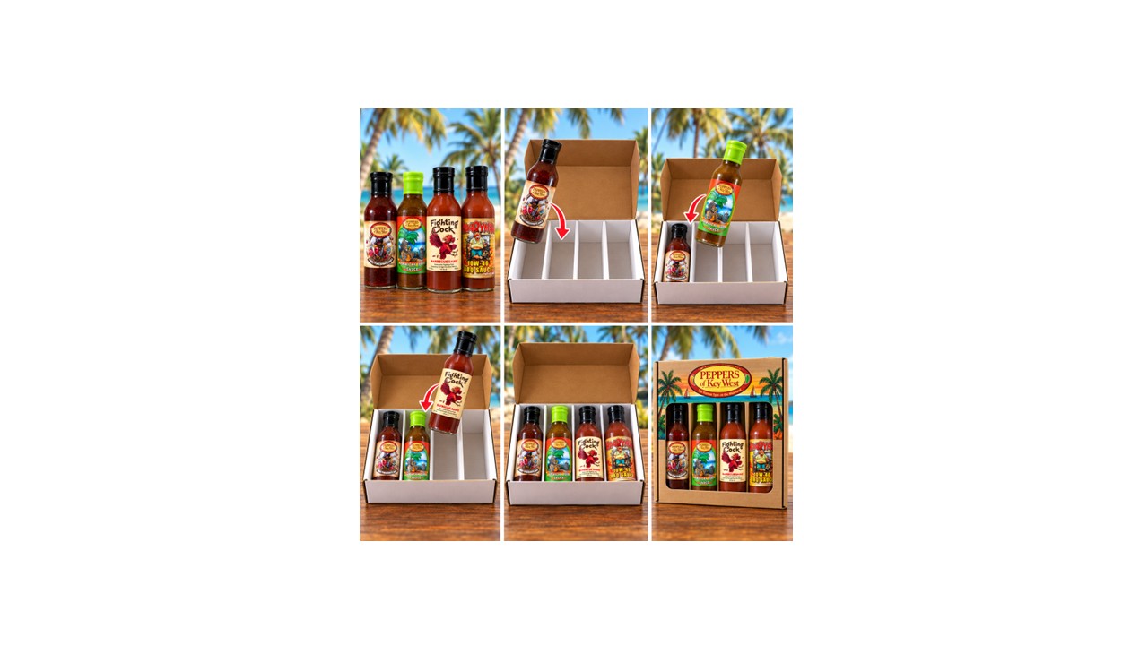 Six-step visual guide showing four barbecue sauces being selected, placed into a Peppers of Key West gift box, and packaged for gifting.