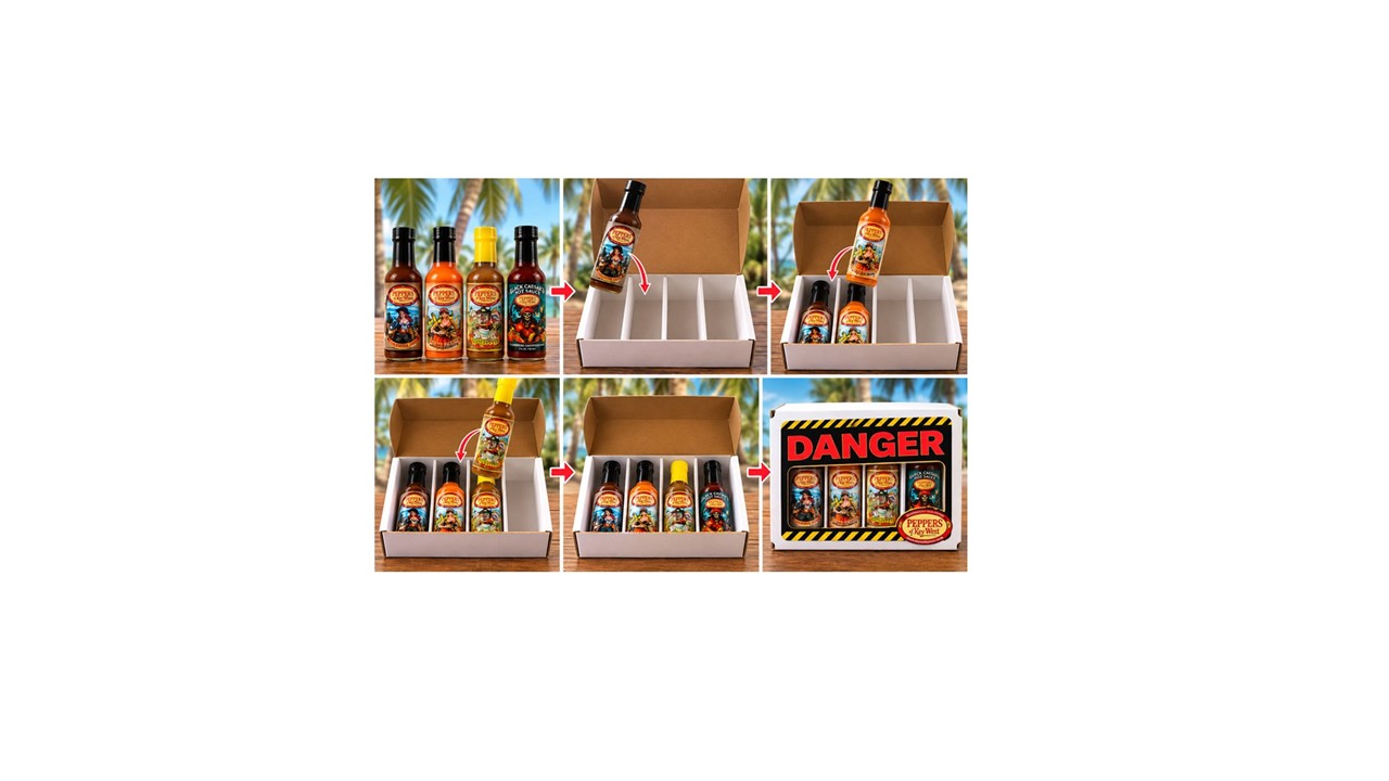 Six-panel illustration showing four Peppers of Key West hot sauce bottles being placed into a customizable four-bottle gift box, with red arrows demonstrating the process.
