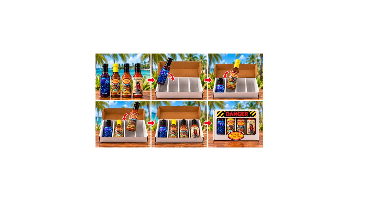 Four fruity hot sauce bottles being placed into a Peppers of Key West Sweet Heat 4-Pack gift box in a six-panel illustration showing the mix-and-match process.