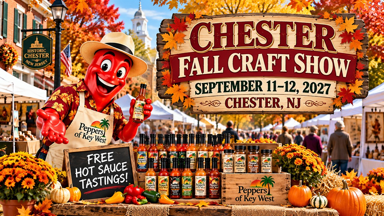 Professor Pepper welcomes visitors to the Chester Fall Craft Show, September 11–12, 2027, in Chester, NJ, featuring Peppers of Key West hot sauces, seasonings, and free hot sauce tastings.