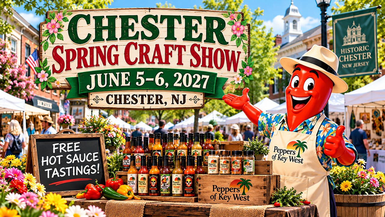 Professor Pepper welcomes visitors to the Chester Spring Craft Show, June 5–6, 2027, in Chester, NJ, featuring Peppers of Key West hot sauces, seasonings, and free hot sauce tastings.