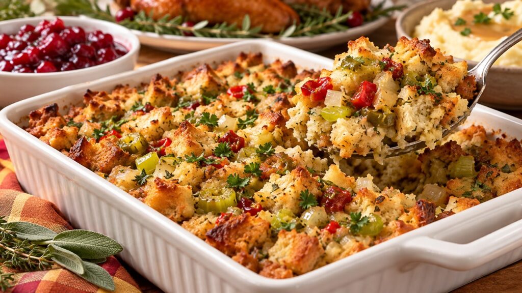 Classic Thanksgiving herb stuffing with golden bread cubes, sage, thyme, celery, and chopped Texas Sweet & Hot Jalapeños in a white baking dish.