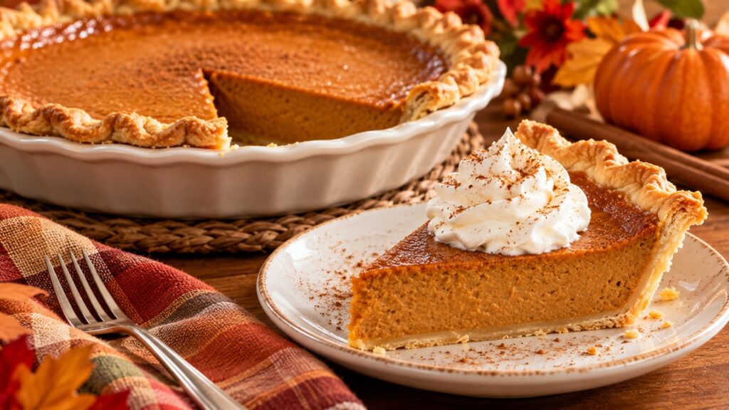 Slice of homemade pumpkin pie with a flaky golden crust, whipped cream, and cinnamon, served beside a whole pumpkin pie on a Thanksgiving table.