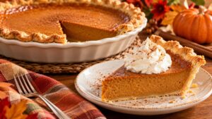 Slice of homemade pumpkin pie with a flaky golden crust, whipped cream, and cinnamon, served beside a whole pumpkin pie on a Thanksgiving table.