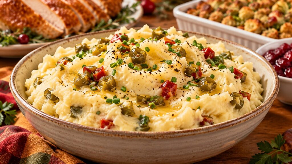 Creamy mashed potatoes with butter, chopped sweet hot jalapeños, and fresh chives served in a ceramic bowl for Thanksgiving.