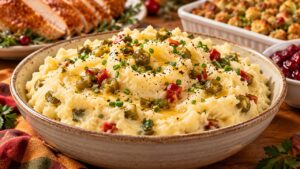 Creamy mashed potatoes with butter, chopped sweet hot jalapeños, and fresh chives served in a ceramic bowl for Thanksgiving.