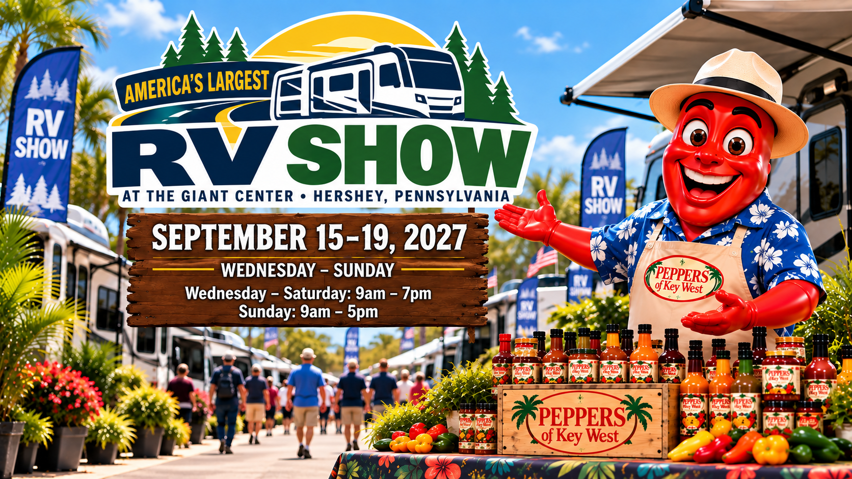 Professor Pepper promoting Peppers of Key West at America’s Largest RV Show 2027 at the GIANT Center in Hershey, PA